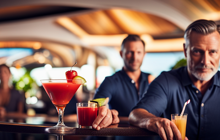 An image showcasing a vibrant poolside bar on a Carnival Cruise, with a cheerful bartender expertly crafting colorful cocktails garnished with fresh fruits, while guests relax on lounge chairs, sipping their refreshing drinks under the sun