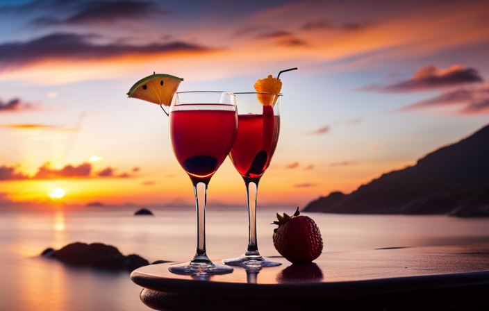An image showcasing a colorful array of tropical cocktails, elegantly garnished with fresh fruits and served in Norwegian Cruise Line's iconic glassware, against the backdrop of a stunning ocean sunset