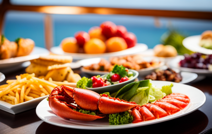 An image showcasing a vibrant buffet table on a Carnival Cruise, brimming with mouthwatering delicacies like succulent lobster tails, juicy prime rib, fresh tropical fruits, decadent desserts, and an array of colorful salads and appetizers