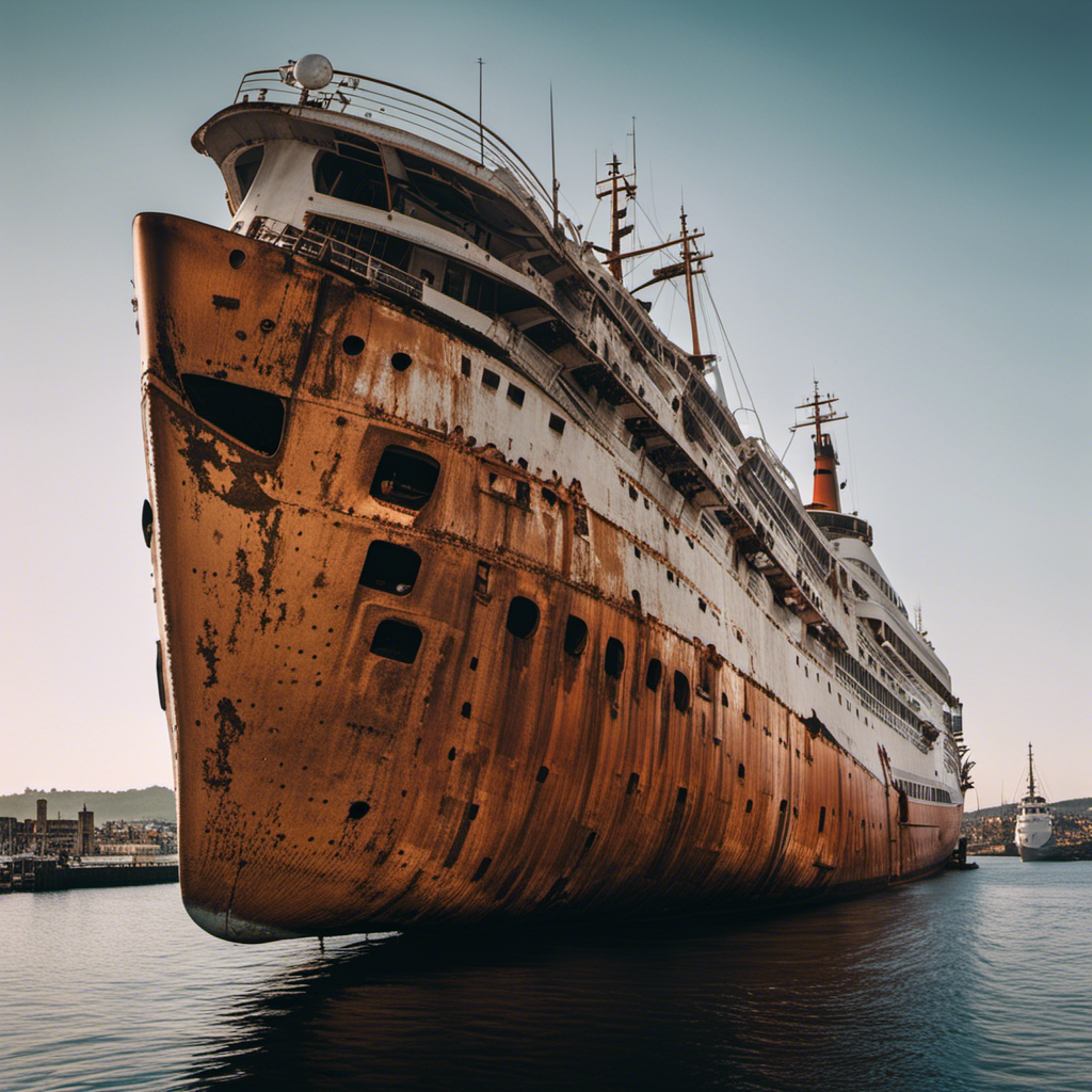 An image of an abandoned Crystal Cruise Line ship docked in a desolate harbor, its once luxurious exterior faded and rusted, with empty lifeboats dangling precariously, showcasing the demise of a once thriving maritime empire