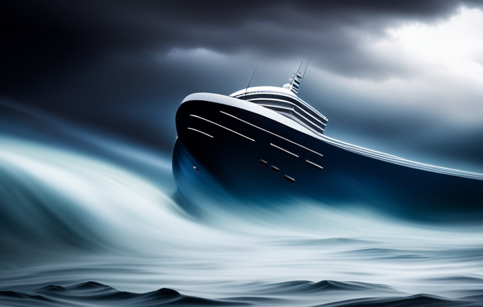 An image that portrays a colossal cruise ship, engulfed by turbulent waves, tilting precariously towards the dark abyss