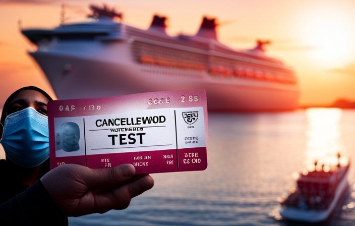 An image featuring a person in a face mask, holding a positive Covid-19 test result in one hand, while the other hand holds a canceled cruise ticket