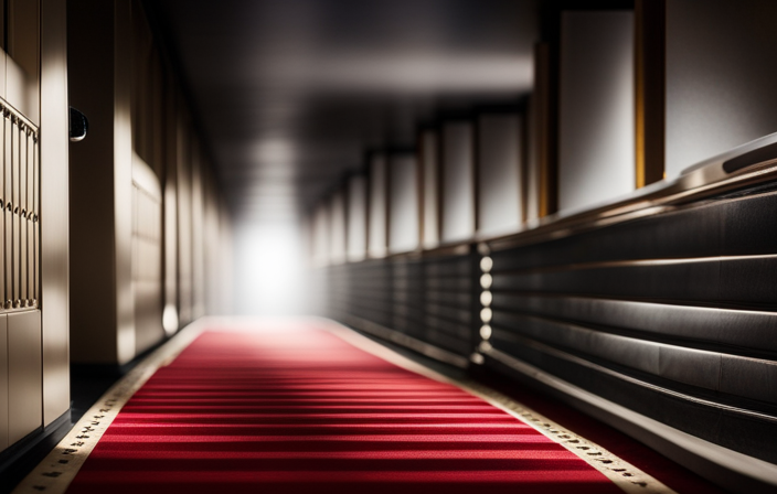 An image showcasing a dimly lit, opulent cruise ship hallway at night, with a discreetly handcuffed hand reaching out from behind a corner, casting a foreboding shadow on the intricately patterned carpet
