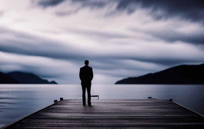 An image that captures the desperation of a lone figure standing on a deserted dock, gazing at a fading cruise ship disappearing into the horizon, emphasizing the overwhelming feeling of being left behind