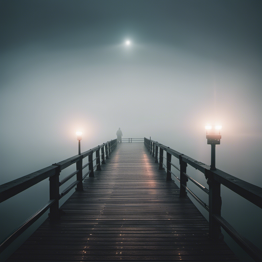 An image of a person standing alone on a desolate pier, surrounded by a dense fog