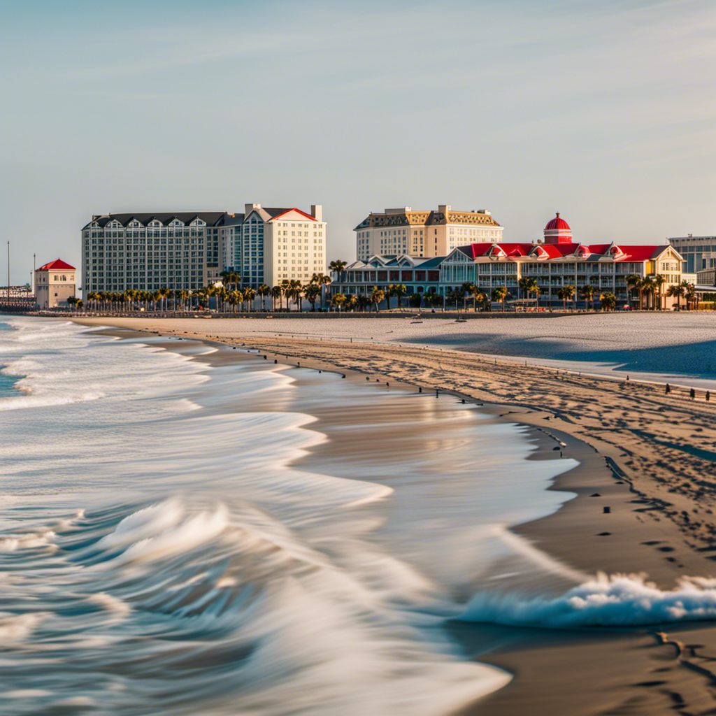 An image showcasing a seaside view of Galveston, Texas, with a row of hotels lining the coast