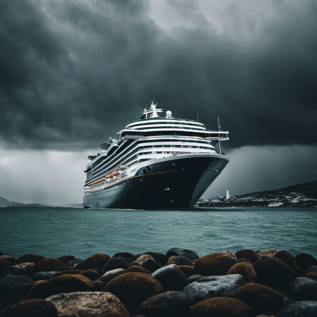 An image showcasing a desolate cruise ship docked in a storm-ridden port, with dark, ominous clouds looming overhead, towering waves crashing against the vessel, and deserted, evacuated surroundings