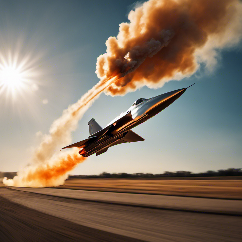 An image that portrays a sleek, aerodynamic cruise missile soaring through the sky, its metallic body glinting in the sunlight, while fiery trails emanate from its powerful engines, leaving a trail of smoke in its wake