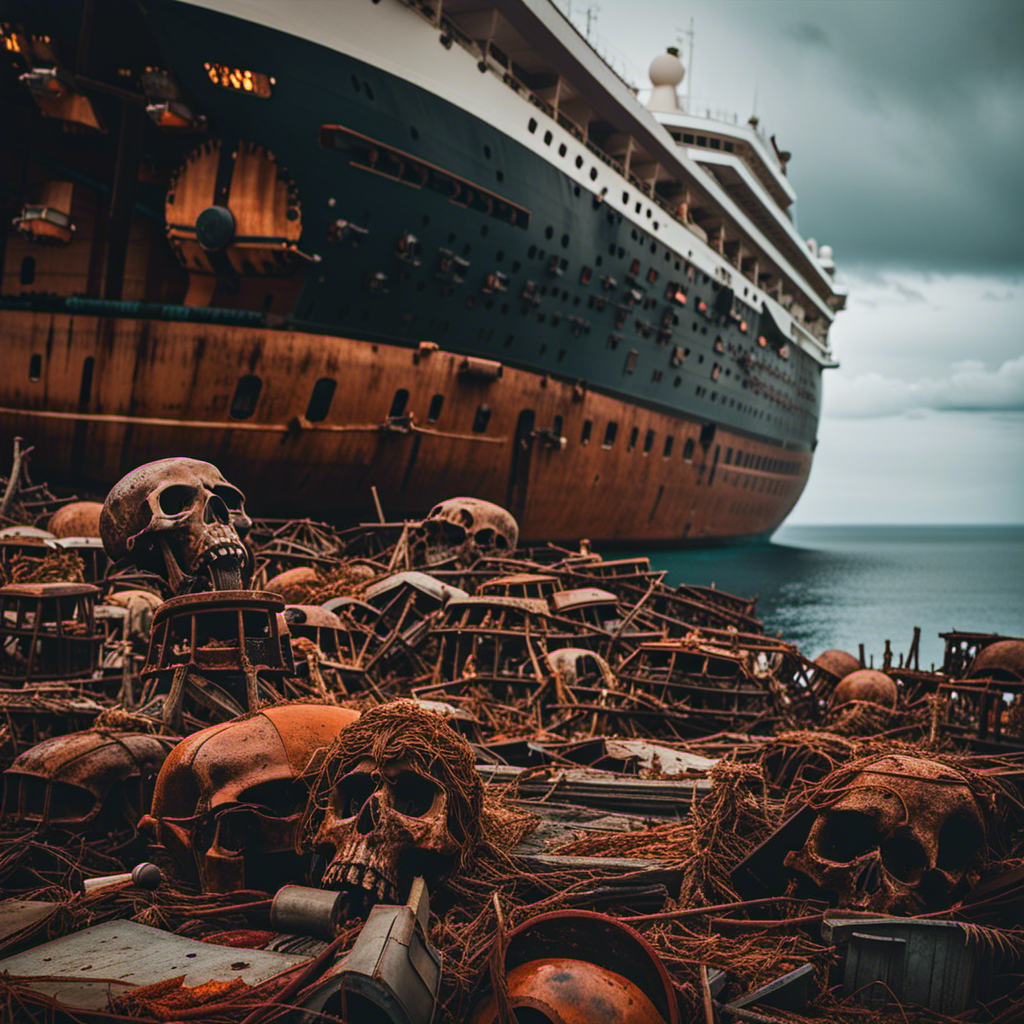 An image capturing the eerie ambiance of a cruise ship graveyard, showcasing rusted hulls and towering skeletons of decommissioned vessels, silently resting in still waters, surrounded by a hauntingly beautiful backdrop