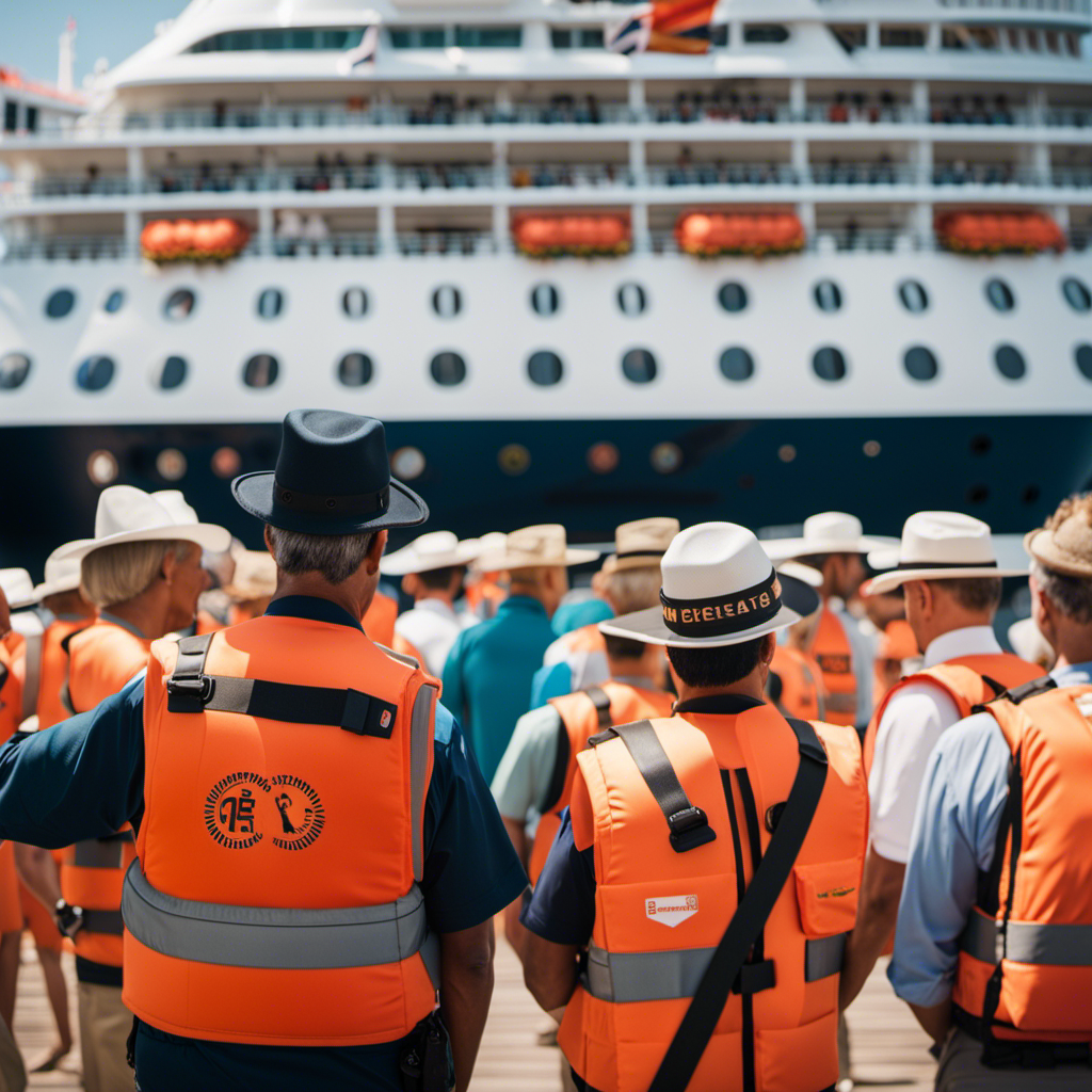 An image capturing the stern-faced crew members in their vibrant orange life jackets, sternly gesturing and directing passengers to designated muster stations during a muster drill on a majestic cruise ship