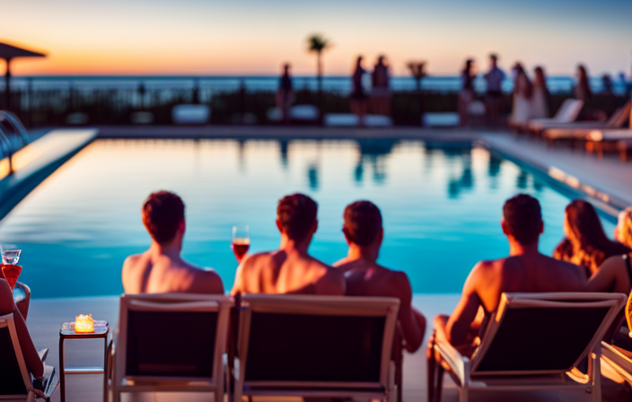 An image capturing the vibrant ambiance of a singles cruise: a deck adorned with elegant lounge chairs, a sparkling pool reflecting the golden sunset, and a joyful group of diverse individuals mingling and sipping cocktails