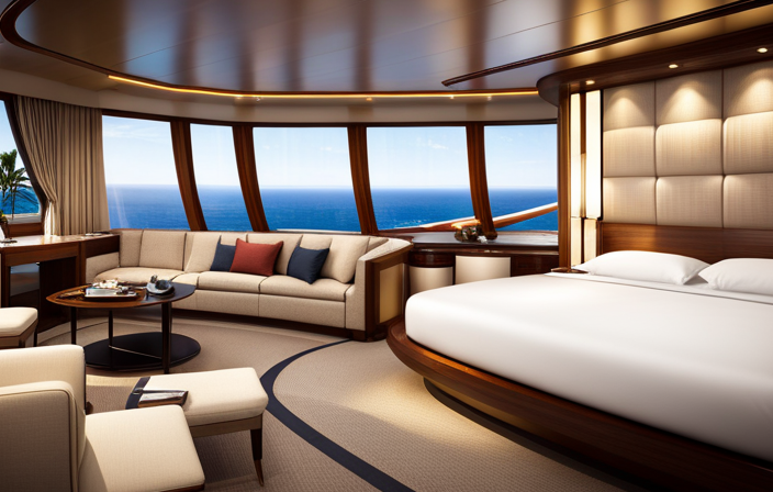 An image showcasing a spacious and elegantly furnished stateroom on a cruise ship