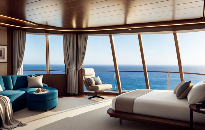 An image showcasing a luxuriously furnished stateroom on a cruise ship