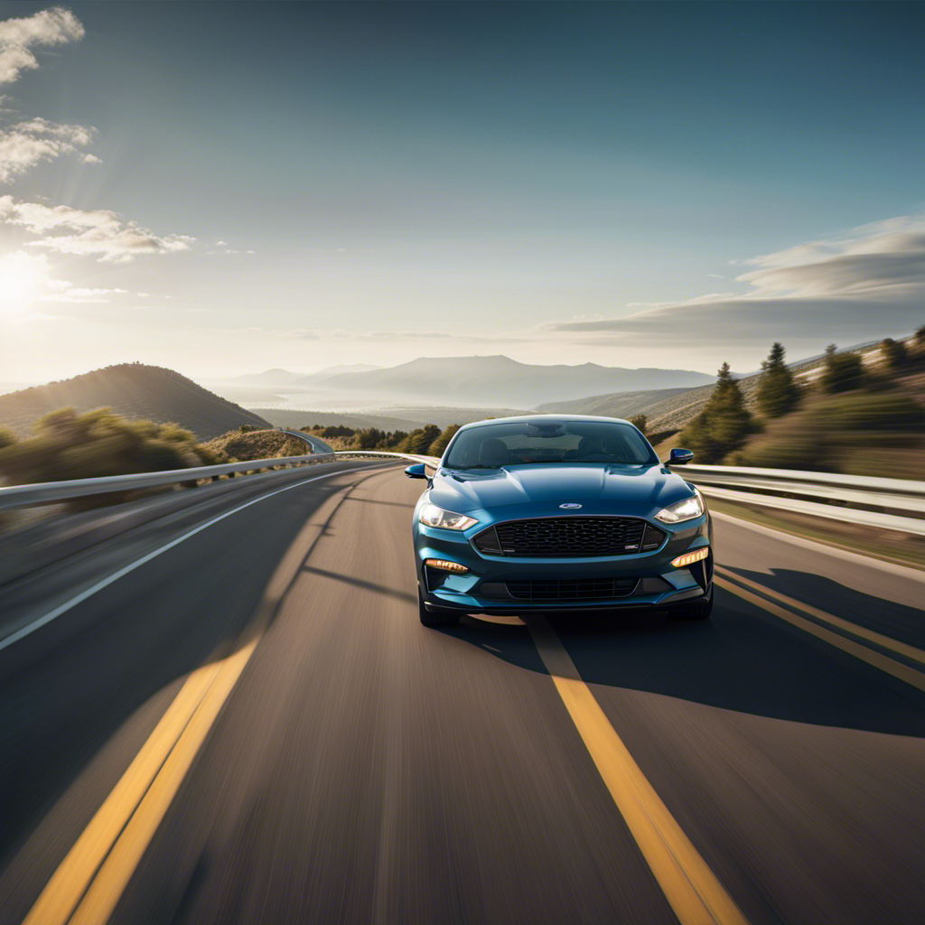 An image that showcases a sleek Ford vehicle cruising effortlessly down a scenic highway, with a clear view of the advanced Adaptive Cruise Control system in action, maintaining a safe distance from other cars