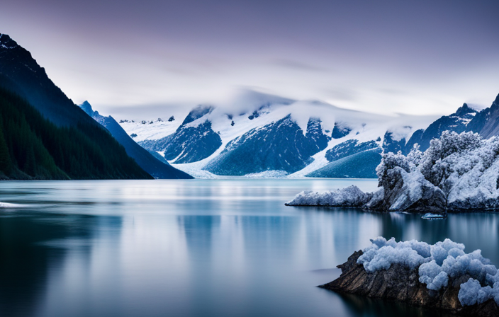 An image showcasing the majestic Alaskan glaciers, with a luxurious cruise ship gliding through icy waters
