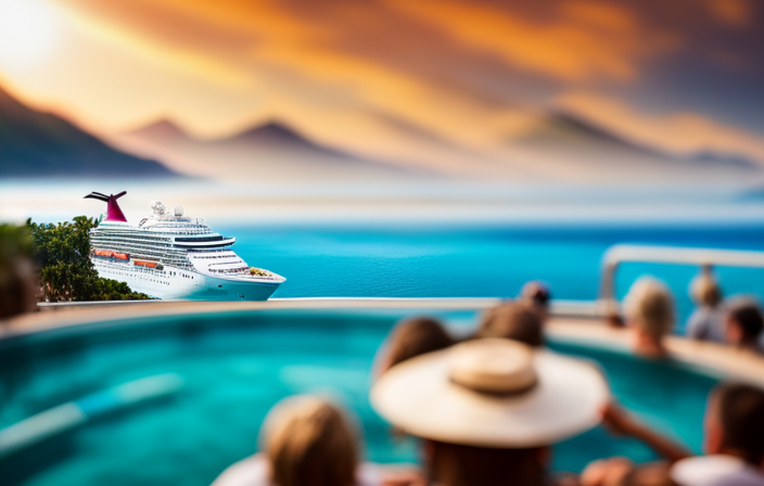 An image showcasing a vibrant Carnival Cruise ship sailing through crystal-clear turquoise waters, surrounded by joyful passengers lounging by the pool, indulging in delectable cuisine, and enjoying thrilling water slides and entertainment options
