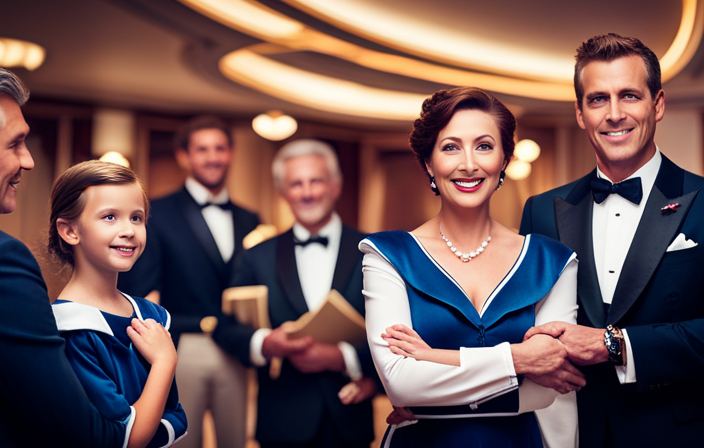 An image showcasing a Disney Cruise concierge experience: A smiling family of four, dressed in vacation attire, being warmly welcomed aboard by a concierge cast member, surrounded by elegant decor and sparkling chandeliers