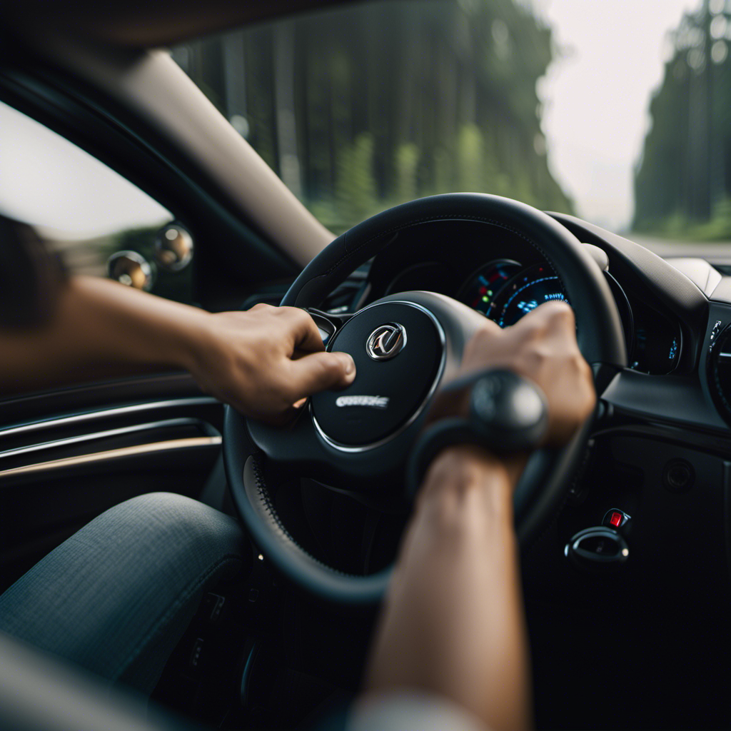 An image capturing the interior of a car, with a driver's hand resting on the steering wheel