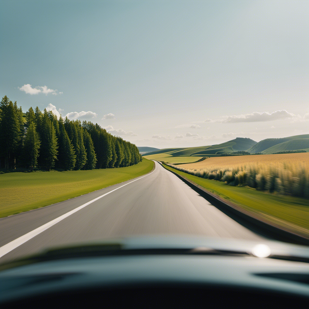 An image showcasing a serene countryside road with a sleek car gliding effortlessly, its driver relaxed, hands lightly resting on the steering wheel, demonstrating the convenience and ease of cruise control