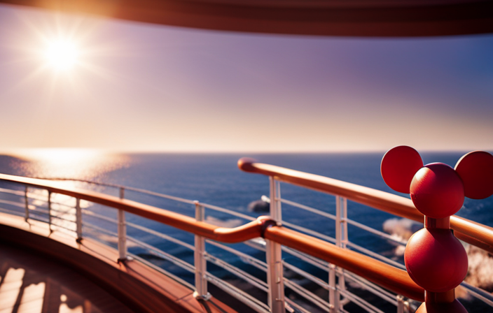 An image showcasing a sun-drenched deck on a magnificent Disney cruise ship, complete with families splashing in the pool, colorful waterslides, and Mickey Mouse waving from the top deck