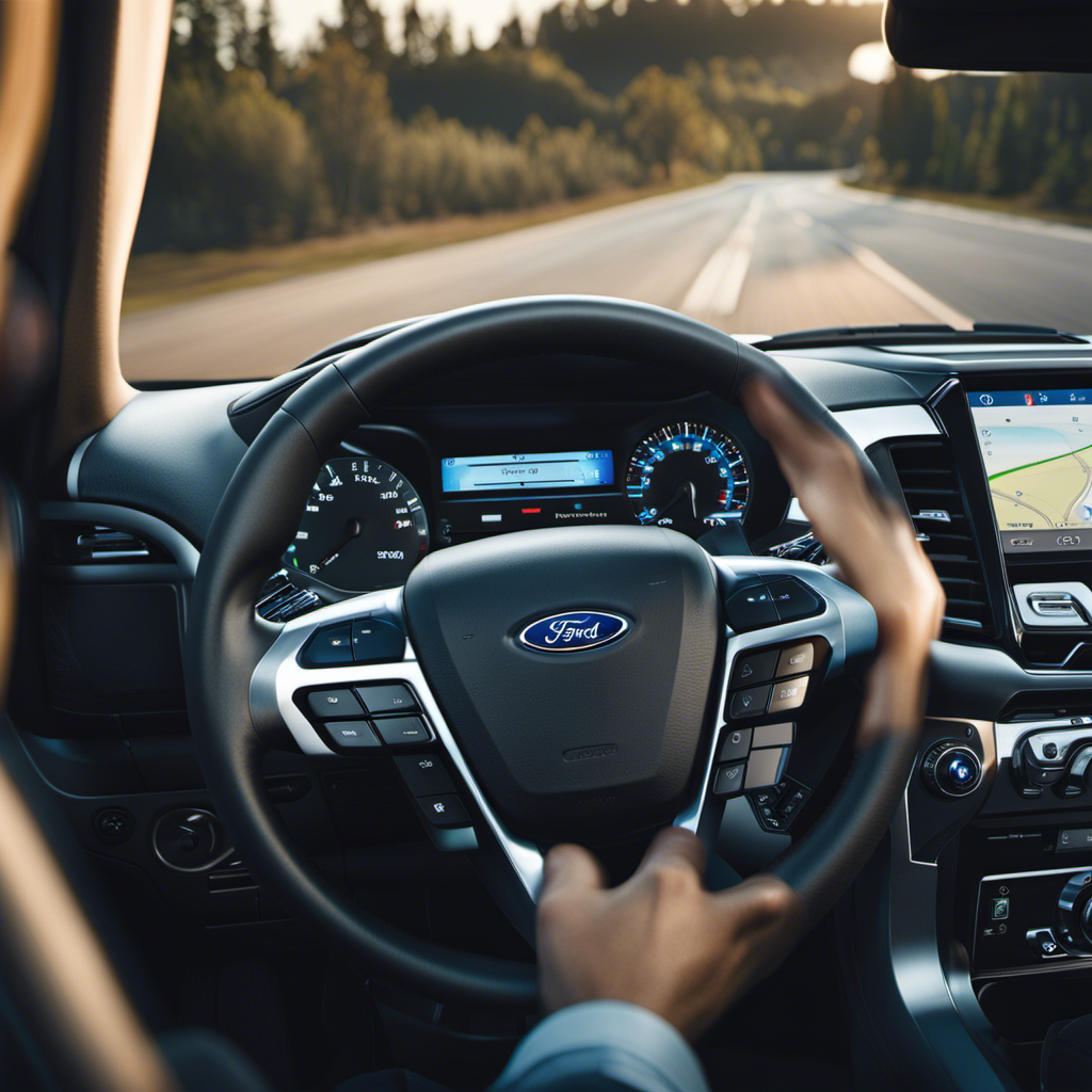 An image depicting a sleek Ford vehicle cruising effortlessly on a wide open road, with the driver's hands relaxed on the steering wheel and the advanced Blue Cruise technology subtly highlighted