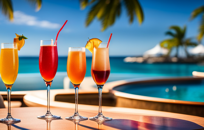 An image showcasing a colorful array of tropical drinks with sparkling bubbles cascading from each glass, set against a backdrop of a vibrant pool deck on a Carnival Cruise ship