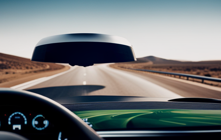 An image capturing a futuristic car on a highway, showcasing its radar sensors and cameras