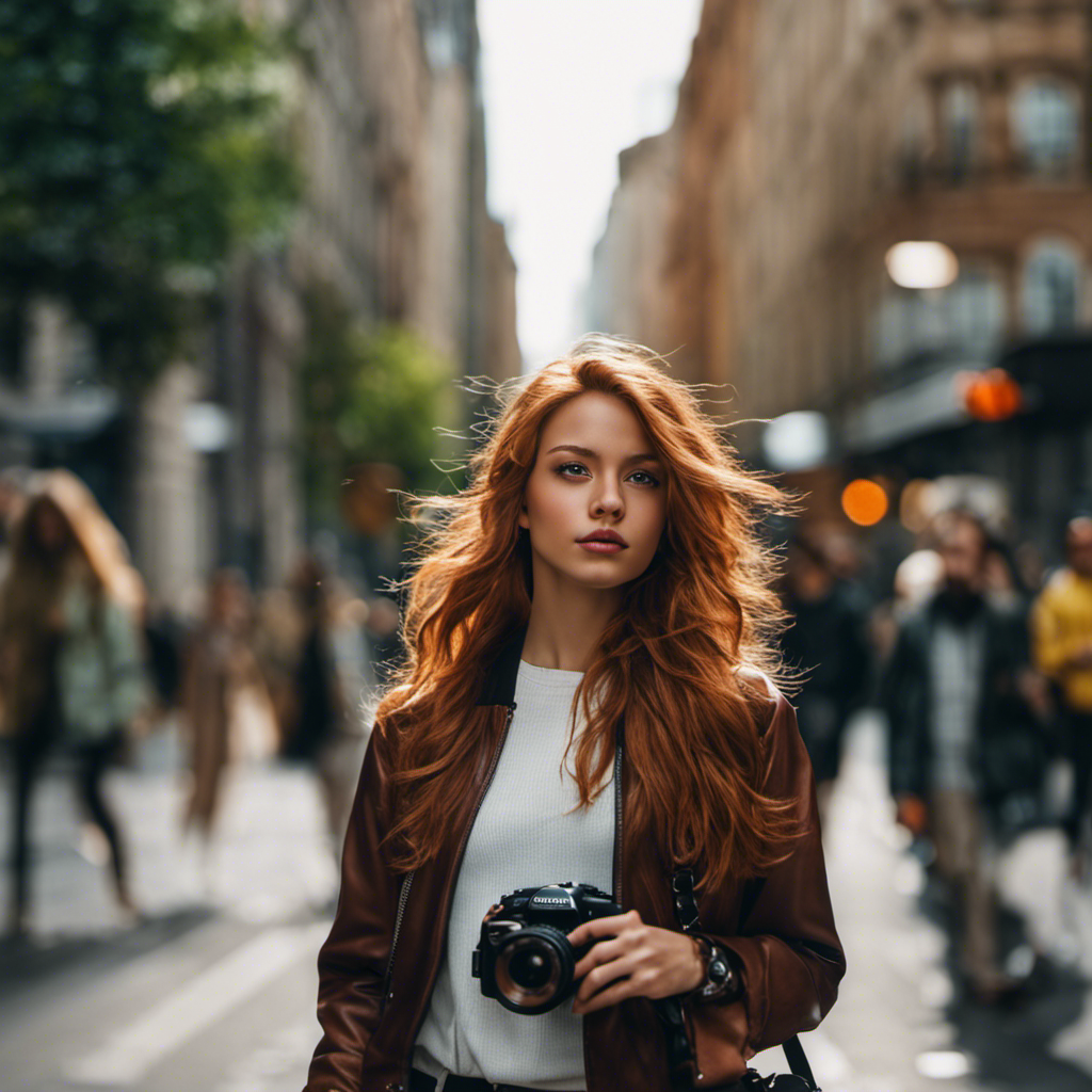 An image of a teenage girl with flowing chestnut locks, dressed in a trendy outfit, confidently striding through a bustling city street