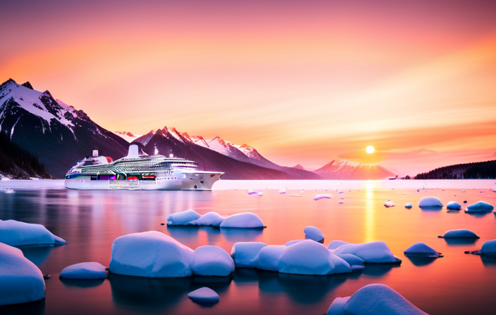 An image showcasing a stunning Alaska cruise ship sailing through pristine icy waters, surrounded by awe-inspiring snow-capped mountains, while a mesmerizing sunset paints the sky with vibrant hues of pink and orange