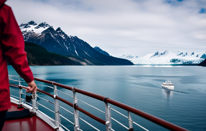 An image showcasing a breathtaking Alaskan landscape with a luxurious cruise ship sailing through icy blue waters, surrounded by snow-capped mountains, as a hint to the average cost of a 7-day Alaska cruise