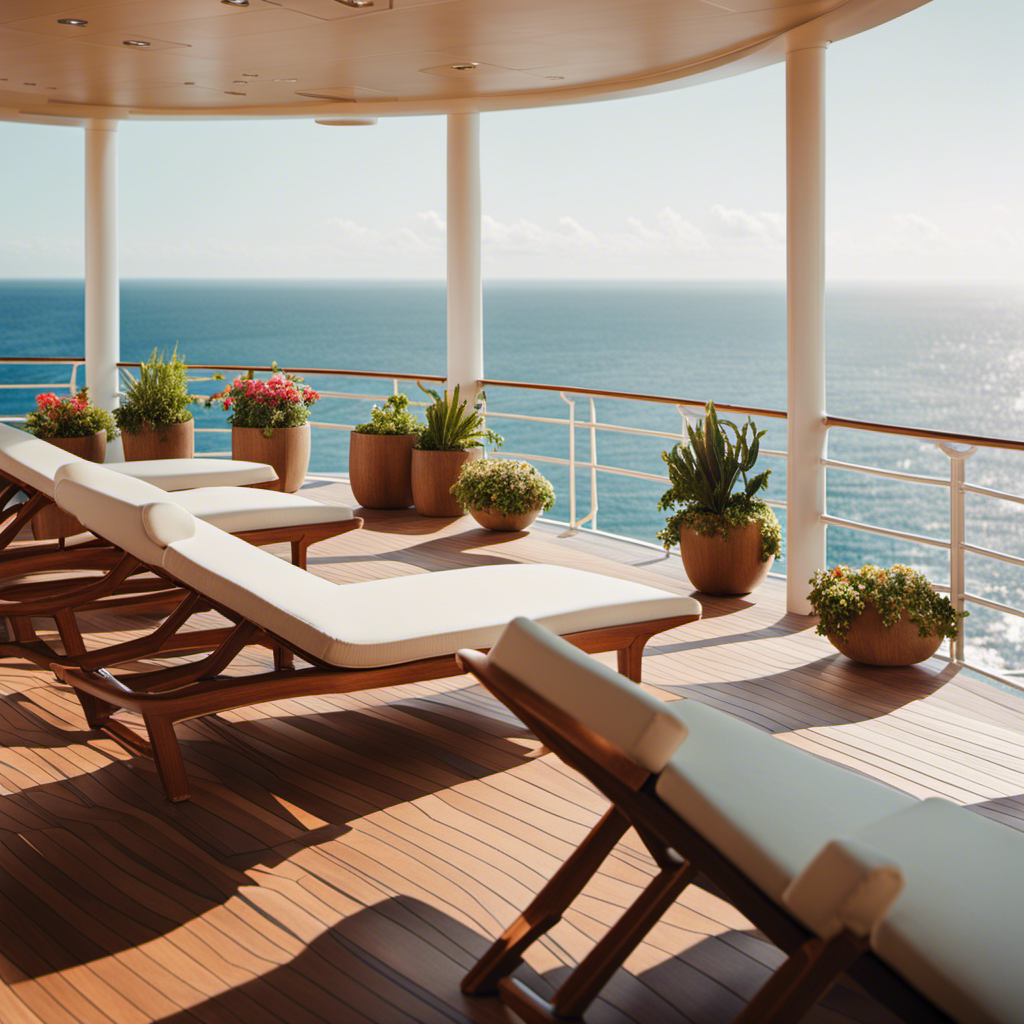 An image showcasing a serene, sun-drenched deck on a luxurious cruise ship, adorned with sleek, modern loungers and adults engaging in yoga, sipping cocktails, and basking in the panoramic ocean view
