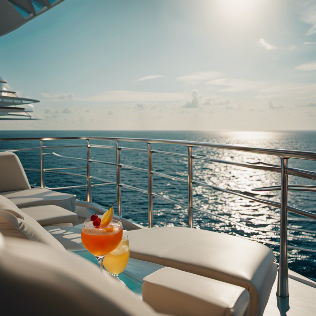 An image showcasing a serene and sophisticated scene on a luxurious cruise ship, with adults leisurely lounging by the pool, sipping cocktails, while enjoying panoramic views of the sparkling ocean