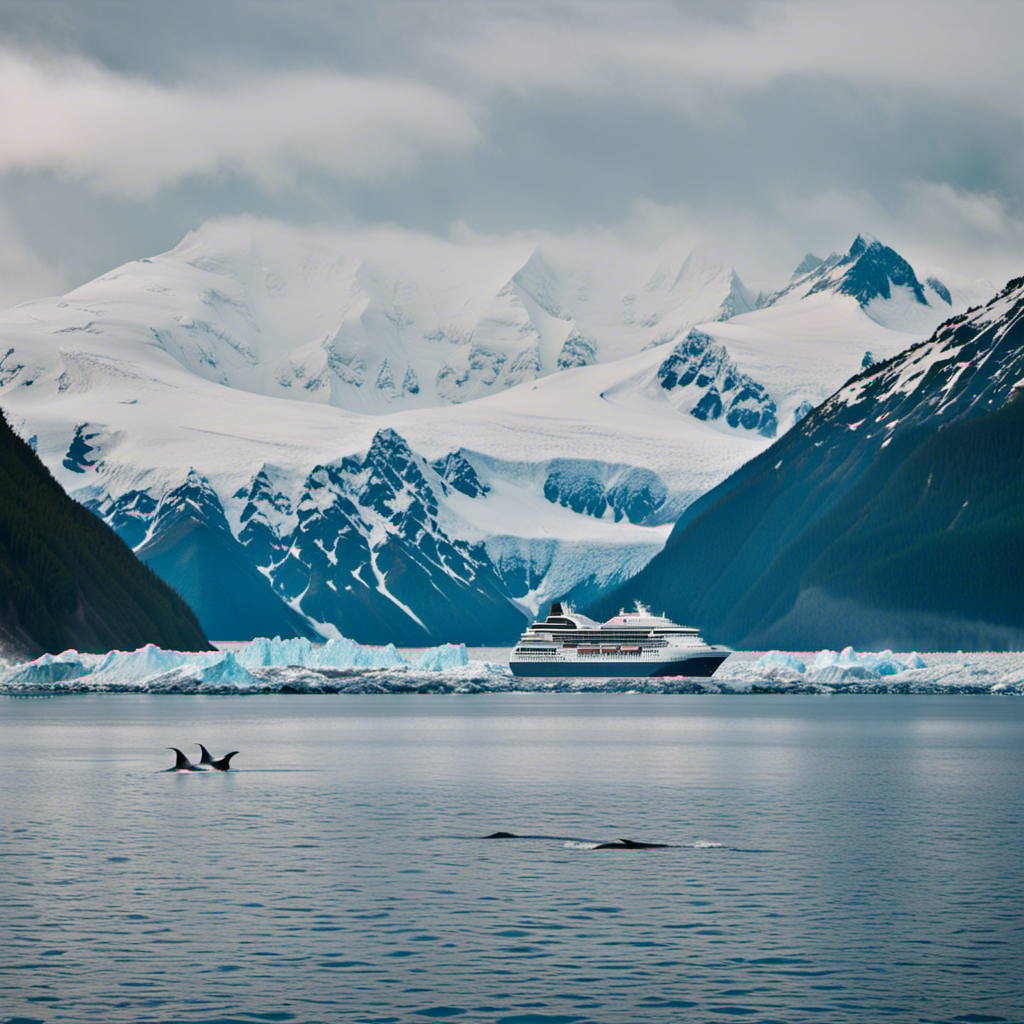 An image featuring a serene Alaskan landscape with snow-capped mountains and a sparkling glacier