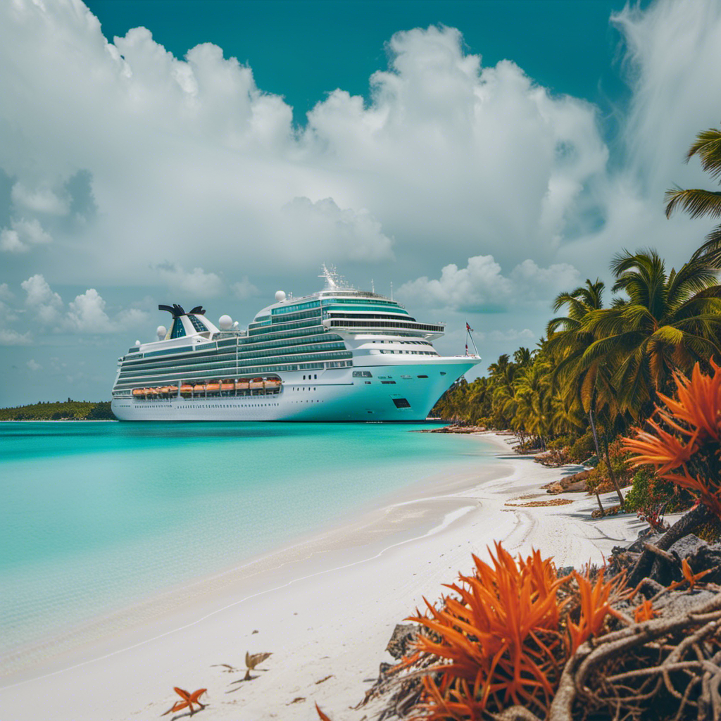 An image of a luxurious cruise ship sailing through crystal-clear turquoise waters, surrounded by palm-fringed white sandy beaches and vibrant coral reefs teeming with colorful marine life, epitomizing the ultimate Bahamas getaway