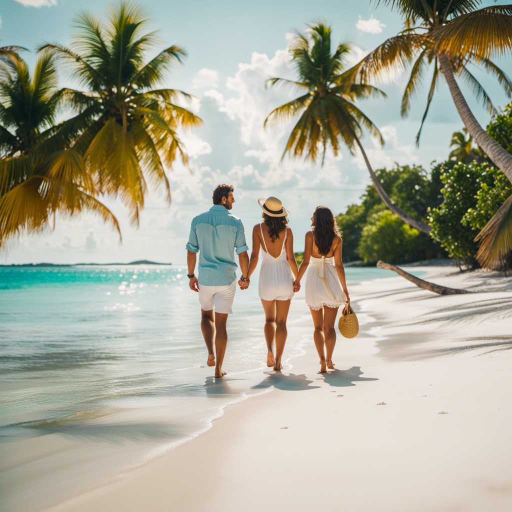 An image showcasing a sun-kissed couple, hand-in-hand, strolling along the pristine white-sand beaches of a secluded tropical island, with a luxurious cruise ship anchored in the crystal-clear turquoise waters behind them