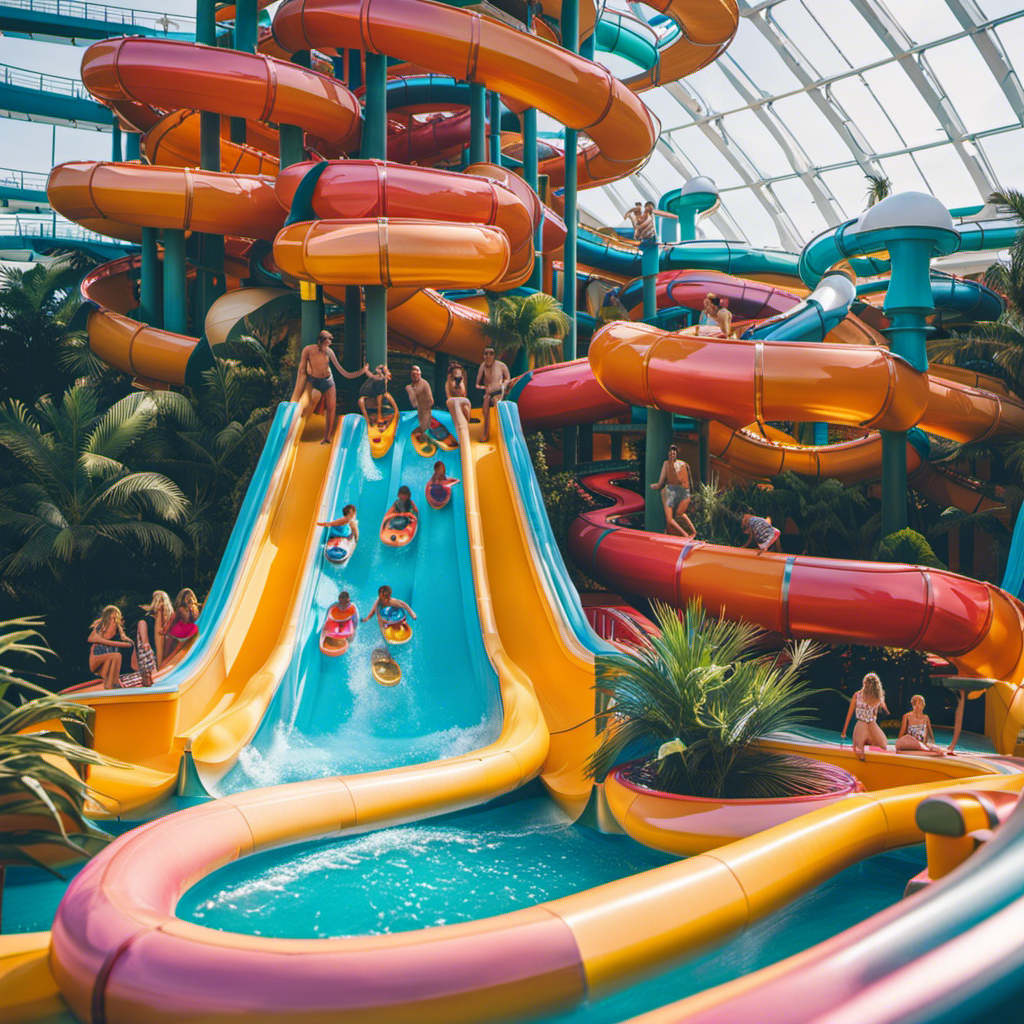 An image featuring a vibrant, multi-level water slide surrounded by a massive pool complex with colorful, winding tubes and excited families splashing in crystal-clear waters on a luxurious cruise ship