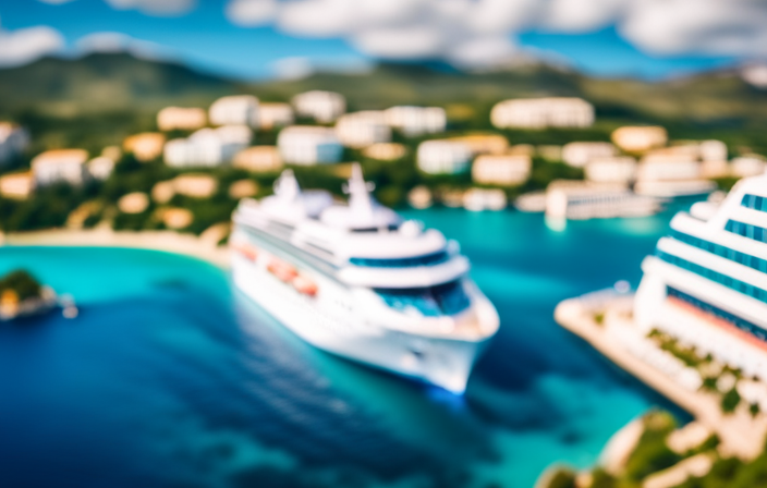 An image that showcases a luxurious cruise ship sailing through crystal-clear turquoise waters, surrounded by picturesque Greek islands adorned with whitewashed buildings, vibrant blue domes, and lush greenery