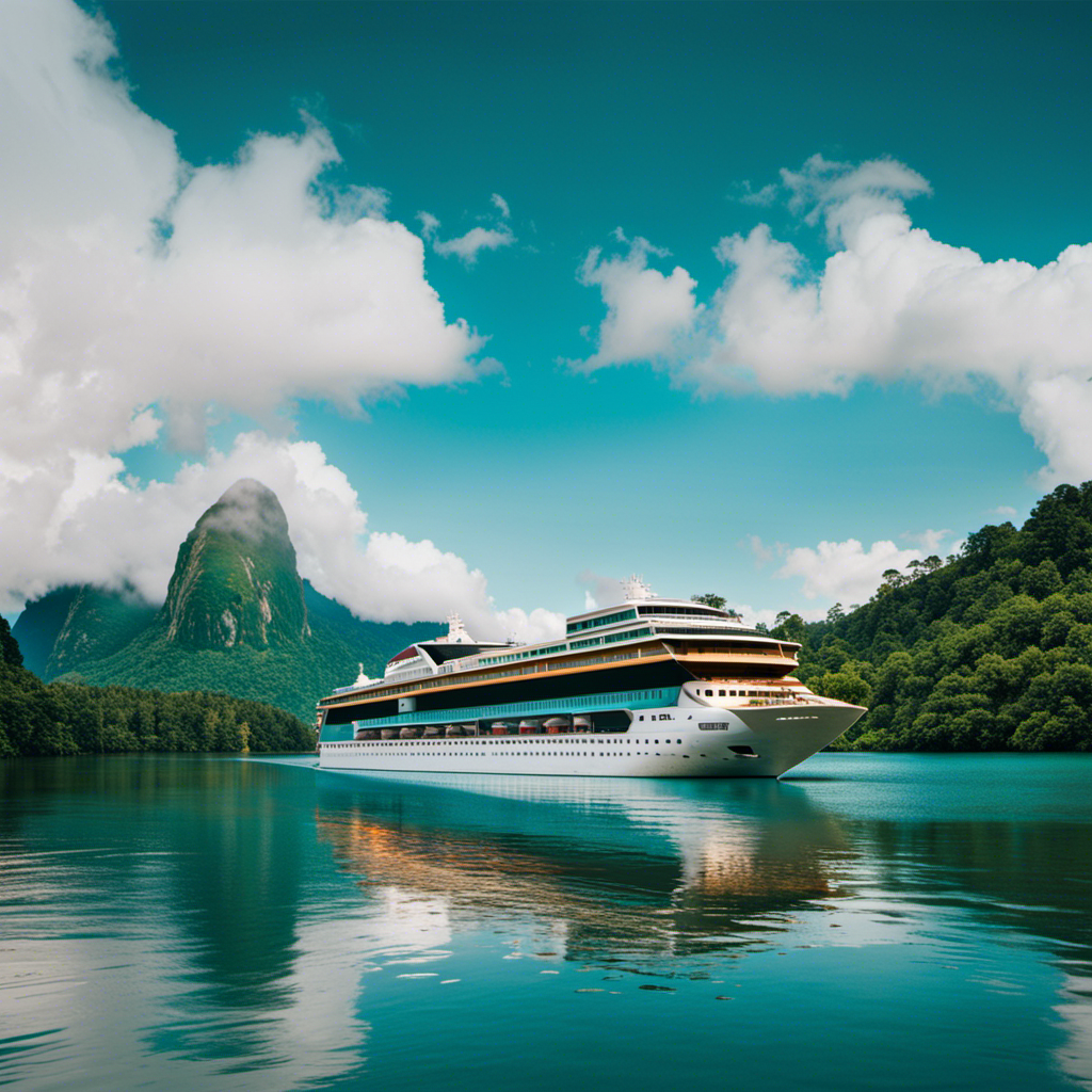 An image showcasing the vibrant colors of South America's diverse landscapes, with a luxurious cruise ship sailing through the turquoise waters of the Amazon River, surrounded by lush rainforests and picturesque mountains