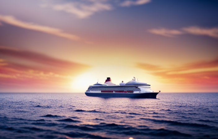 An image showcasing a luxurious ocean liner gliding through the vast Atlantic Ocean, with a picturesque sunset casting a warm golden glow upon the ship, symbolizing the ultimate experience of a transatlantic crossing