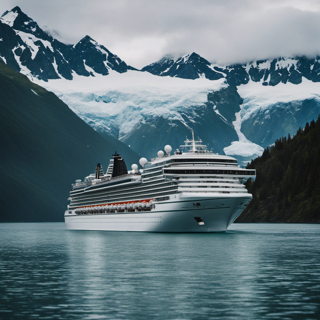 An image showcasing a majestic cruise ship sailing through the pristine Alaskan waters, surrounded by breathtaking glaciers and snow-capped mountains, providing a glimpse into the unparalleled beauty of an Alaskan cruise from Seattle