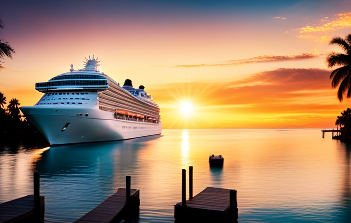 An image that showcases the vibrant colors of a majestic cruise ship docked at a Florida port, surrounded by palm trees, crystal-clear turquoise waters, and a picturesque sunset, capturing the essence of the best cruise line experience in the region