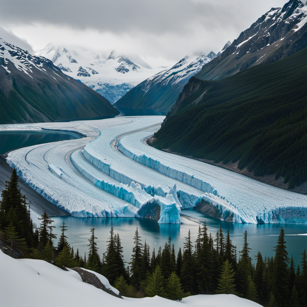 An image showcasing the breathtaking glaciers of Alaska, with a luxurious cruise ship sailing through the icy blue waters, surrounded by snow-capped mountains, lush forests, and majestic wildlife