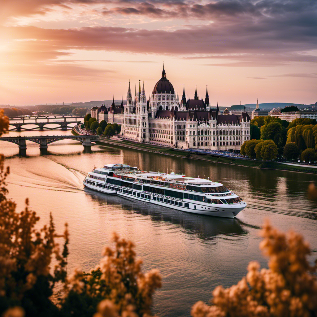 An image showcasing a luxurious river cruise ship gracefully sailing along the enchanting Danube River at sunset, with panoramic views of iconic European landmarks like the Parliament Building and the Chain Bridge