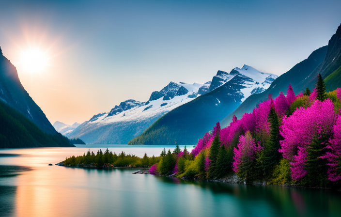 An image showcasing the breathtaking beauty of Alaska's fjords during the peak of summer, with a cruise ship gliding gracefully through the crystal-clear waters, surrounded by towering snow-capped mountains and vibrant wildlife