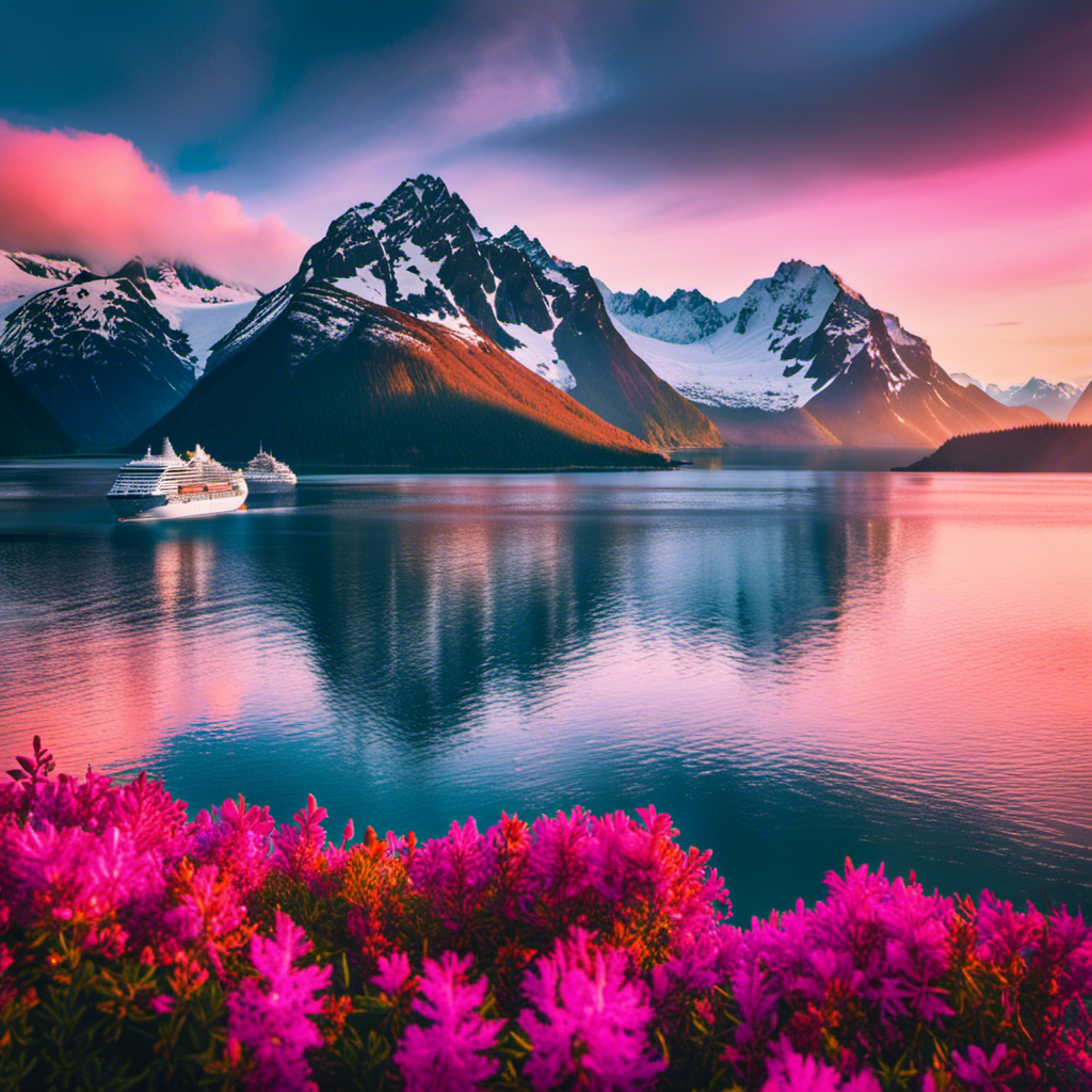 An image showcasing a magnificent Alaskan fjord, surrounded by snow-capped mountains and glaciers, with a luxurious cruise ship sailing through pristine waters