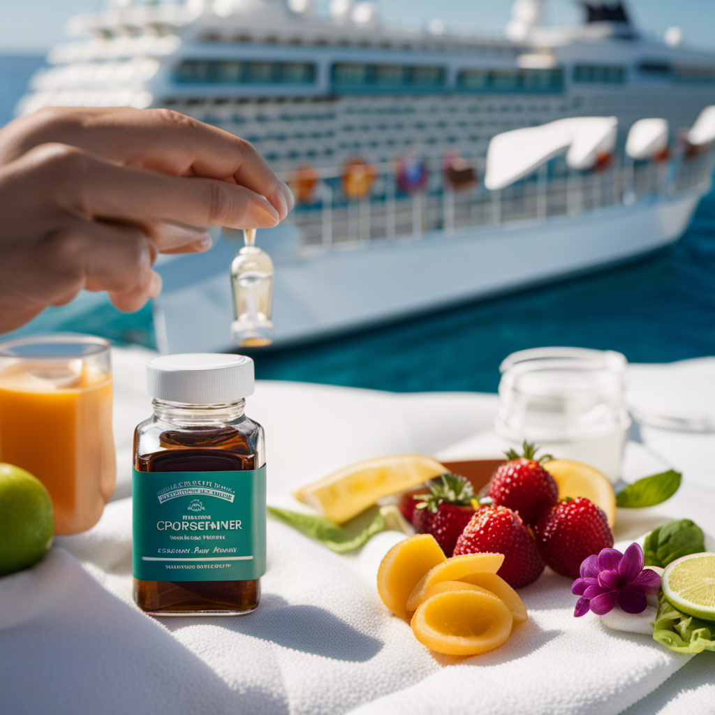 An image showcasing a serene cruise ship deck, featuring a person with a relieved expression, savoring a meal without discomfort, while a colorful medicine bottle rests nearby on a clean, white towel