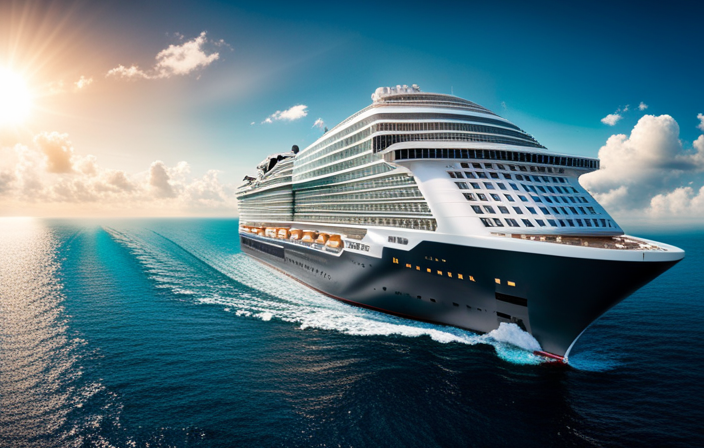 An image showcasing the magnificent Msc Meraviglia cruise ship gliding through turquoise waters, adorned with luxurious balconies and a vibrant pool deck bustling with sun-soaked passengers enjoying panoramic ocean views