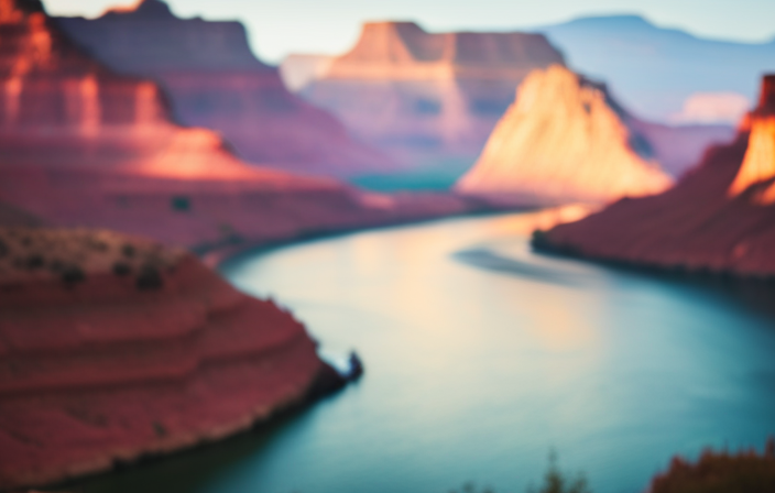 An image showcasing a serene river flowing gently through the towering cliffs of the Grand Canyon, with a luxurious river cruise ship gliding along its calm waters, surrounded by stunning natural beauty