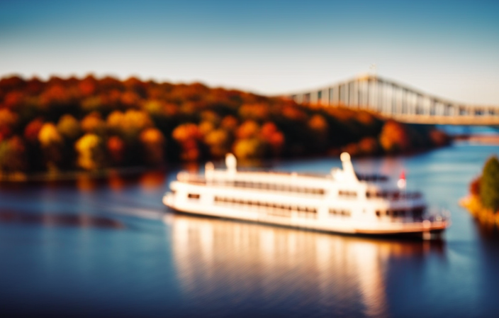 An image showcasing the serene beauty of a luxurious river cruise along the Mississippi River, with a sleek, elegant riverboat gliding through the calm waters surrounded by picturesque landscapes and vibrant autumn foliage