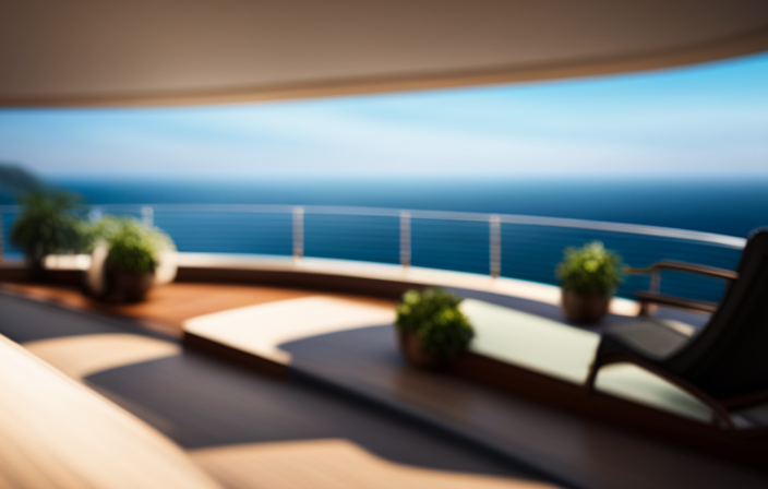 An image showcasing a luxurious cruise ship with two distinct outdoor spaces - a spacious veranda on the lower deck, adorned with comfortable loungers, and an elevated balcony on the upper deck, featuring sleek railings and breathtaking ocean views